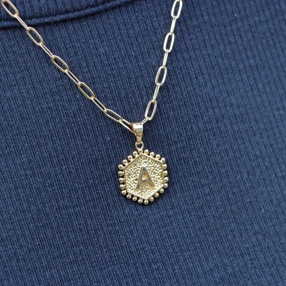 2 LAYER GOLD LETTER INITIAL COIN HEXAGONAL PENDANT DAINTY NECKLACE, ELDM22335 - Picture 9 of 13